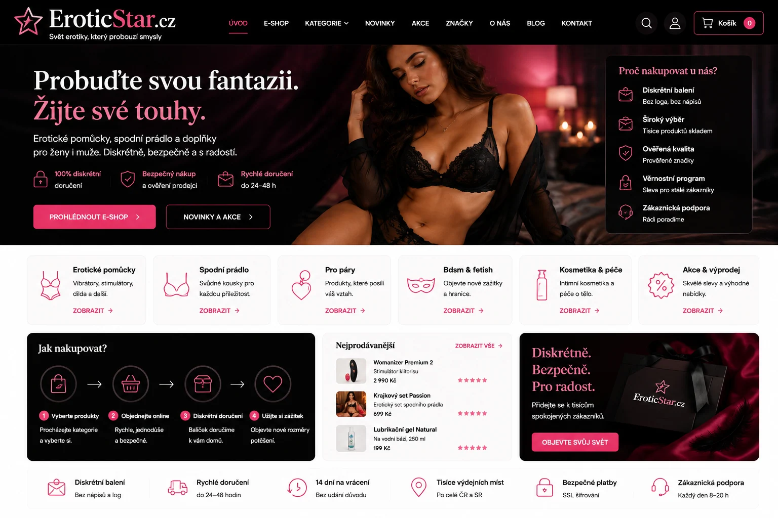 Návrh černo-růžového e-shopu EroticStar.cz pro intimní produkty, prádlo a diskrétní nákup pro dospělé